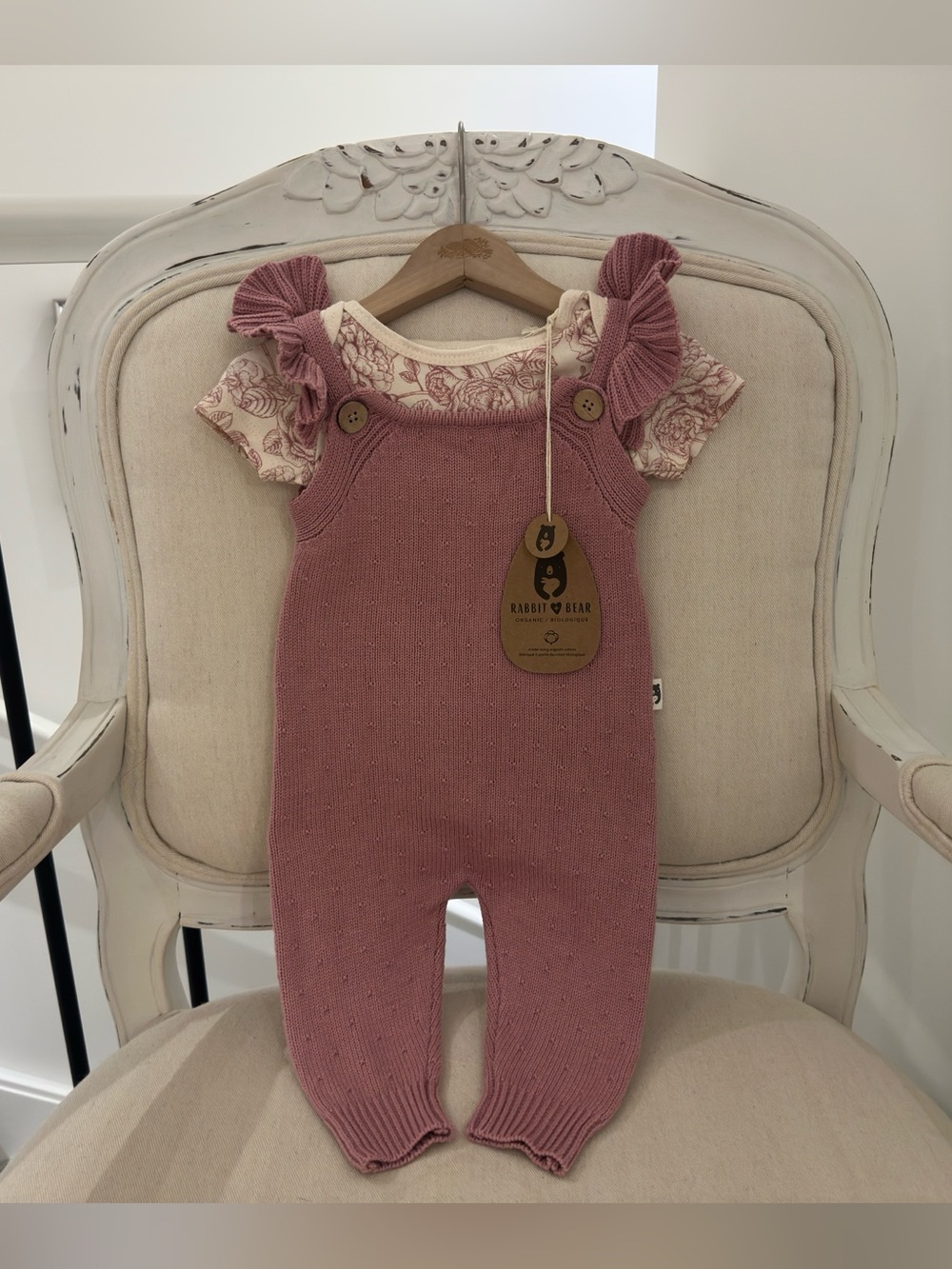 🦢 6~9 Mth Organic Cotton Swiss Dot Dusty Rose & Floral Knit Baby Romper NWT